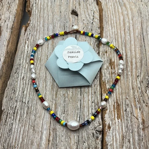 Seaside Pearls Roxanne Multicolored Beaded Freshwater Pearl & Leather Choker New - Picture 3 of 4